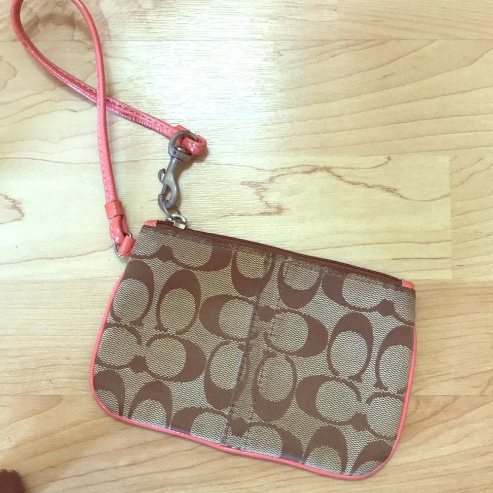 Coach brown and pink wristlet